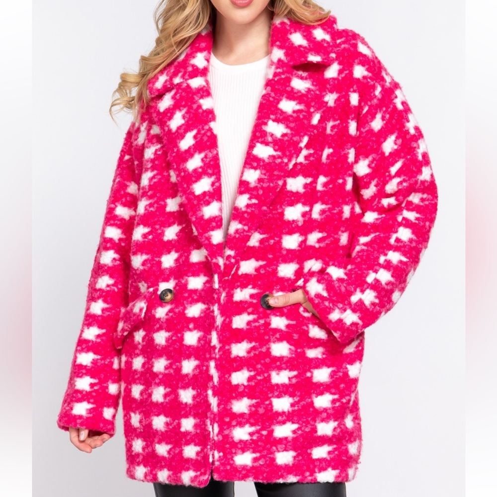 DOUBLE BREASTED CHECK PRINT BOUCLE FLEECE COAT - Picture 4 of 7